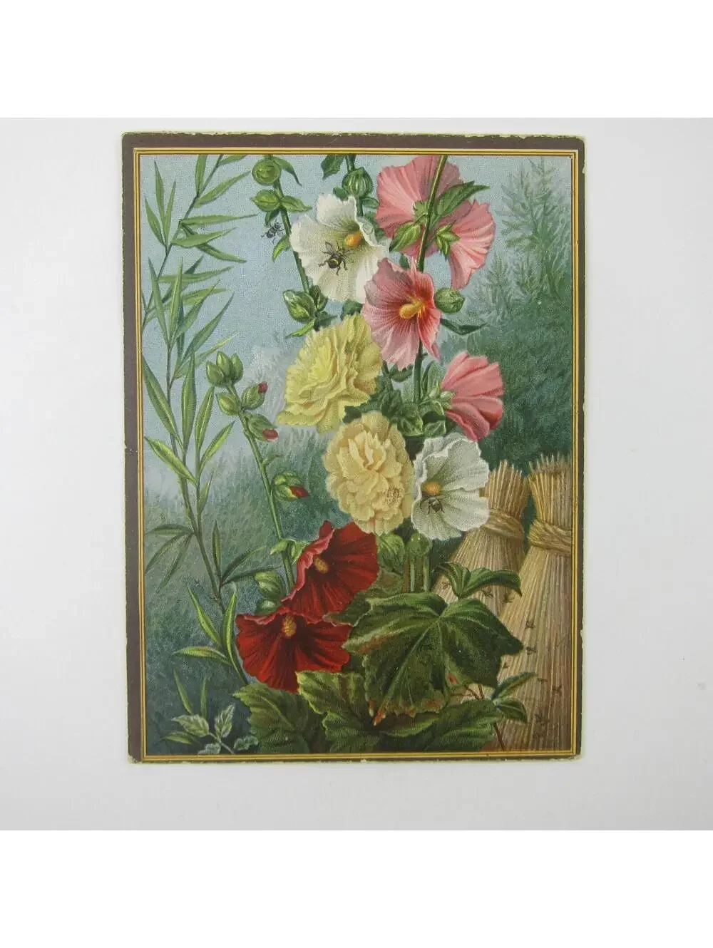 Victorian Greeting Card Flowers Red Pink White Hollyhocks Bee Dragonfly Antique
